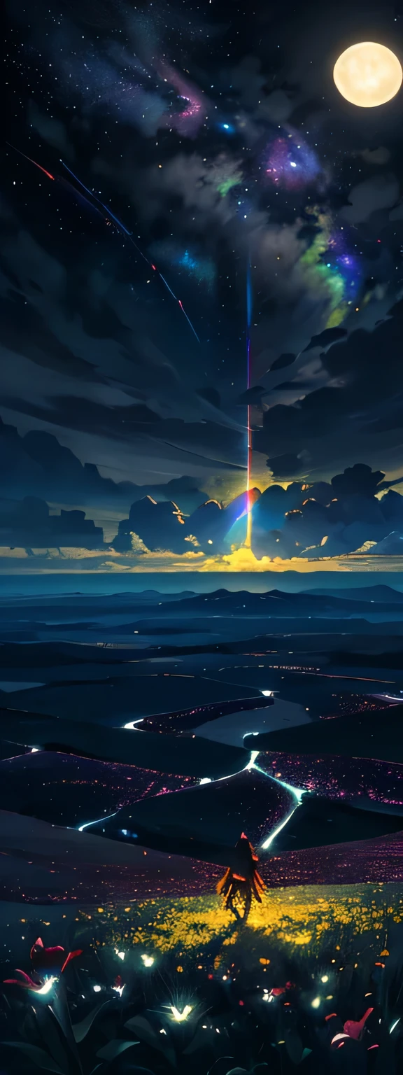 vast landscape photos , (view from above,Below is the steppe,Facing the open sky), a girl standing on flower field looking up, (full moon:1.2), ( meteor:0.9), (nebula:1.3), distant mountains, The art of breaking trees, (Warm light source:1.2), (firefly:1.2), lamp, lots of purples and oranges, intricate details, Volumetric lighting, A breakthrough in realism
(masterpiece:1.2), (best quality), 4K, super detailed, (dynamic composition:1.4), Very detailed, Colorful details,( rainbow colors:1.2), (Luminous lighting, mood lighting), excellent, magic, (alone:1.2)