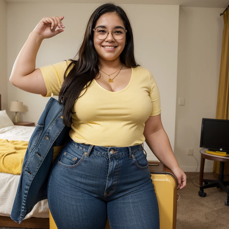 Chubby fat bbw nerdy latina young woman (20 years old), chubby belly, long straight black hair, wearing blue jeans and yellow shirt, Golden necklace, carring suitcase, smiley expression,, in room, full body picture, view from the side