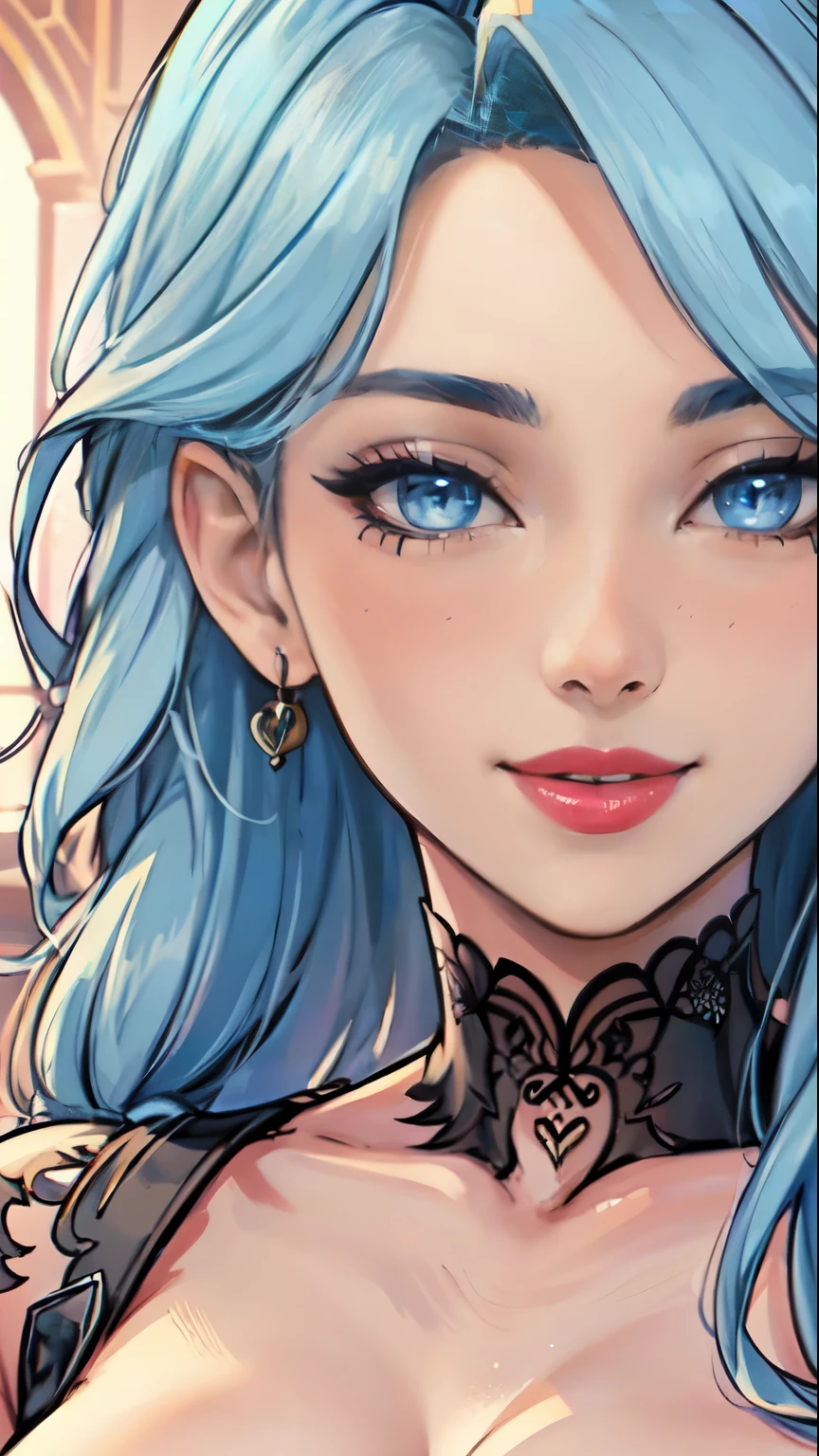 Masterpiece, raw, beautiful art, professional artist, 8k, art style by sciamano240, very detailed face, very detailed hair, 1 woman, perfectly drawn body, beautiful face, long hair, light blue hair , very detailed blue eyes , rosey cheeks, intricate details in eyes, playful smile, looking directly at viewer , lusty expression, lipstick, nude very close up on face,