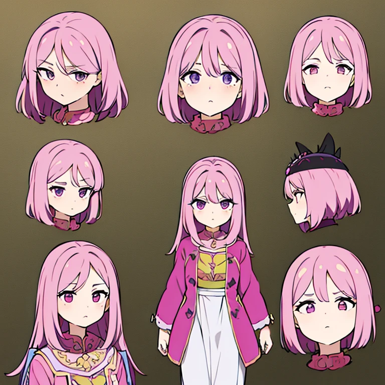Personagem feminino,cabelo longo,cheio e ondulado de cor castanho escuro, seus olhos castanhos escuro, cor da pele parda, in anime version, de cores das veste branca, with pink and lilac details, em desenho flores, uma personagem feminina estilo anime e uma mestra de bombas Model sheet.