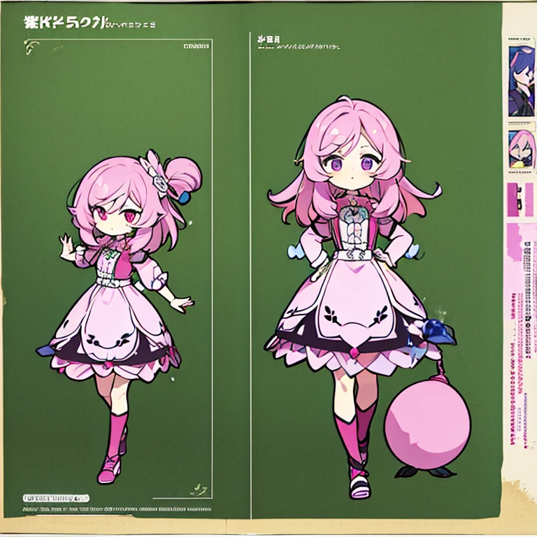 Personagem feminino,cabelo longo,cheio e ondulado de cor castanho escuro, seus olhos castanhos escuro, cor da pele parda, in anime version, de cores das veste branca, with pink and lilac details, em desenho flores, uma personagem feminina estilo anime e uma mestra de bombas Model sheet.