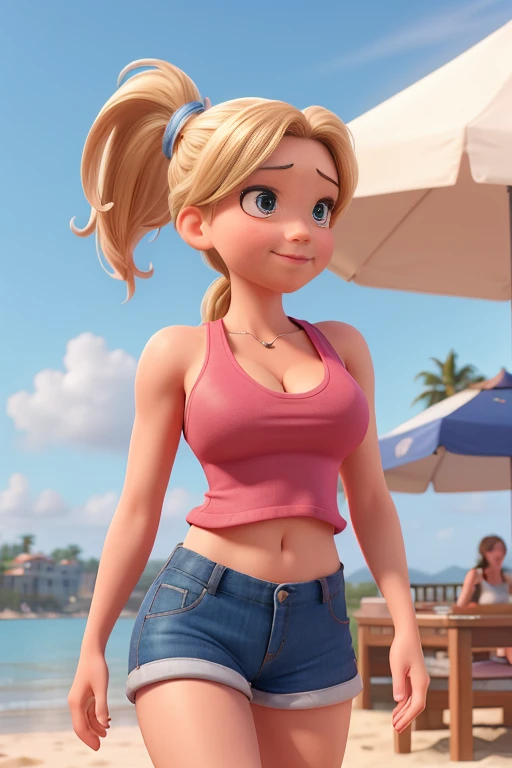 8k,Best Quality,masterpiece,Extremely detailed,realistic,Sydney Sweeney,1girl,european woman,(big breasts:1.2),cleavage,[[cameltoe]],toned and glamorous body,(Tank tops:1.3),(Hot Pants:1.3),ponytail,blonde hair,smirk,(Sweat on breasts),(fitness:1.3),looking at viewer,cowboy shot,((beach:1.2)), volleyball player,