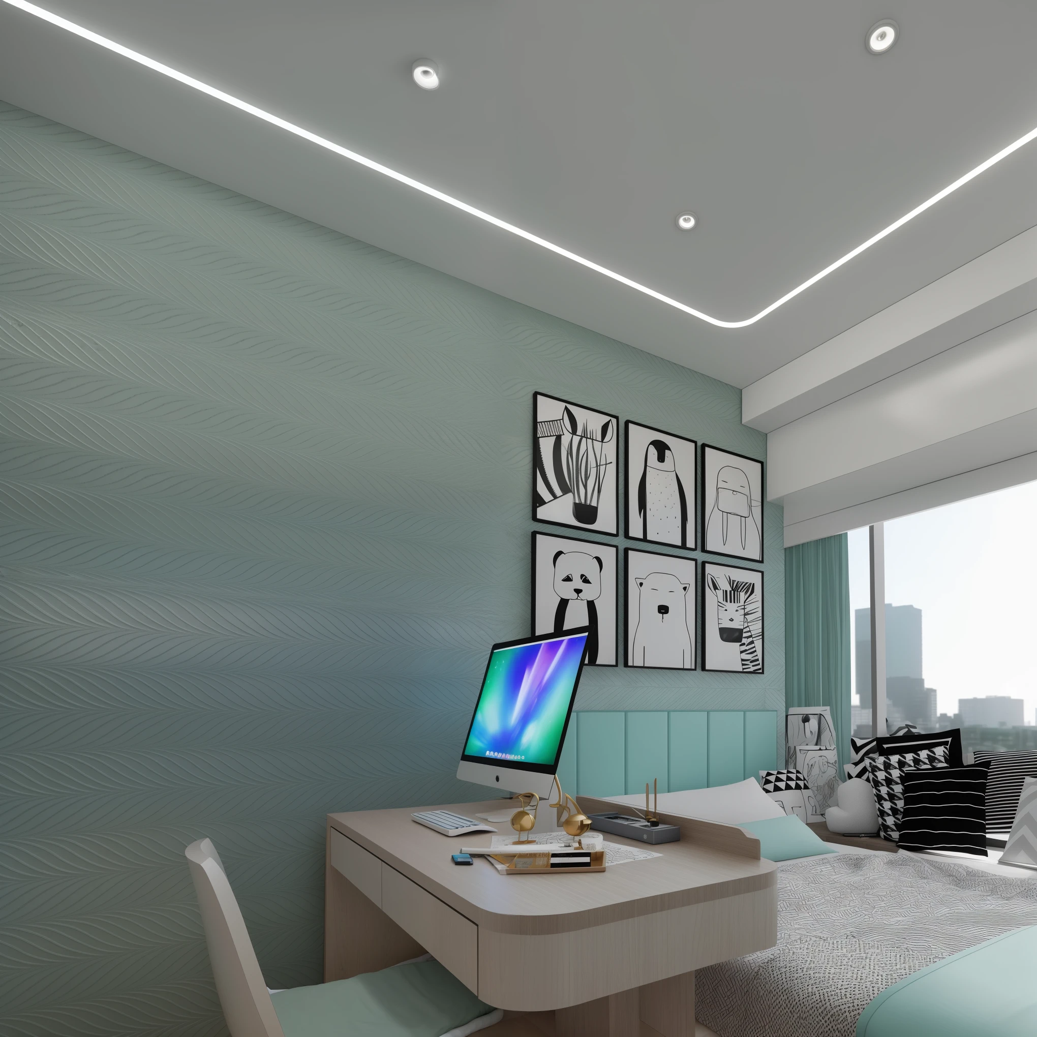 bedroom的桌子上有一台,You can see the view of the city, 小而舒适的学生bedroom, 小bedroom, With natural light as background, 在bedroom学习, modern look, award winning interior design, bright rendering, Stylish utopian design, natural light in room, A bright room, apartment design, bedroom, small room, clean and pristine design