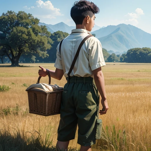  High resolution, Super detailed, masterpiece, highest quality,oriental、Thrift、boy working in the field、grassland、back basket、facing the camera、