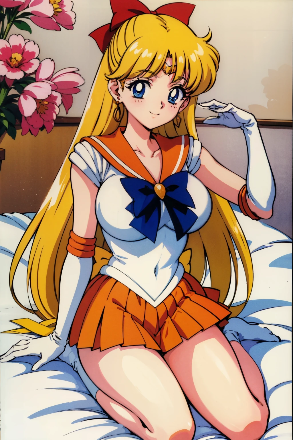 1990s \(style\), 1990s anime cels style, masterpiece, best quality, high resolution, large breasts, 1girl, solo, MinakoAino, bangs, (sailor Venus ,hair bow, elbow gloves, neck ribbon, bangs, long hair, circlet, jewelry, flower earrings, orange sailor collar), (embarrassed), orange skirt, sitting, wariza, smile