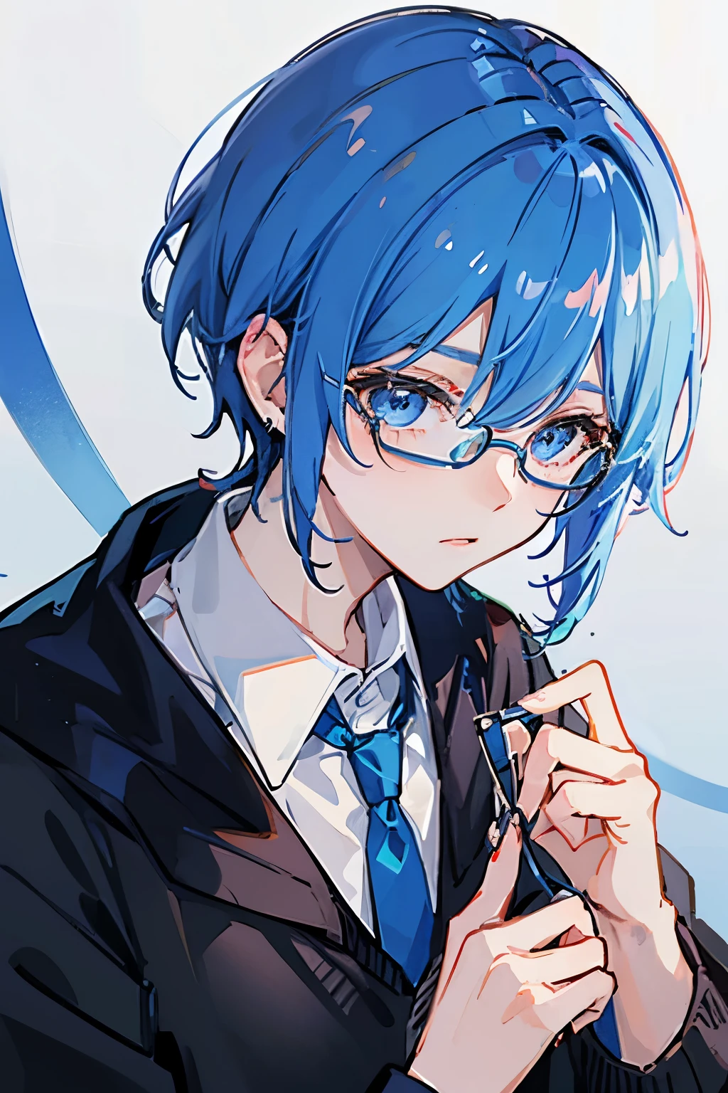boy、blue hair、blue eyes、Hide your left eye with your hair、Black glasses、blue tie、shirt、Blue cardigan、