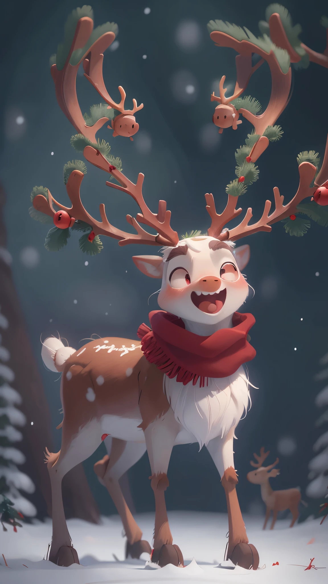 1 Christmas reindeer,front view,Lovely,big eyes, Big tree branch-like horns,red scarf,Four groups,happy,open mouth,Pixar style, best quality, stills, winter,Christmas style,snowflake,Christmas tree,high detail,Super details,high quality, masterpiece, precise,
