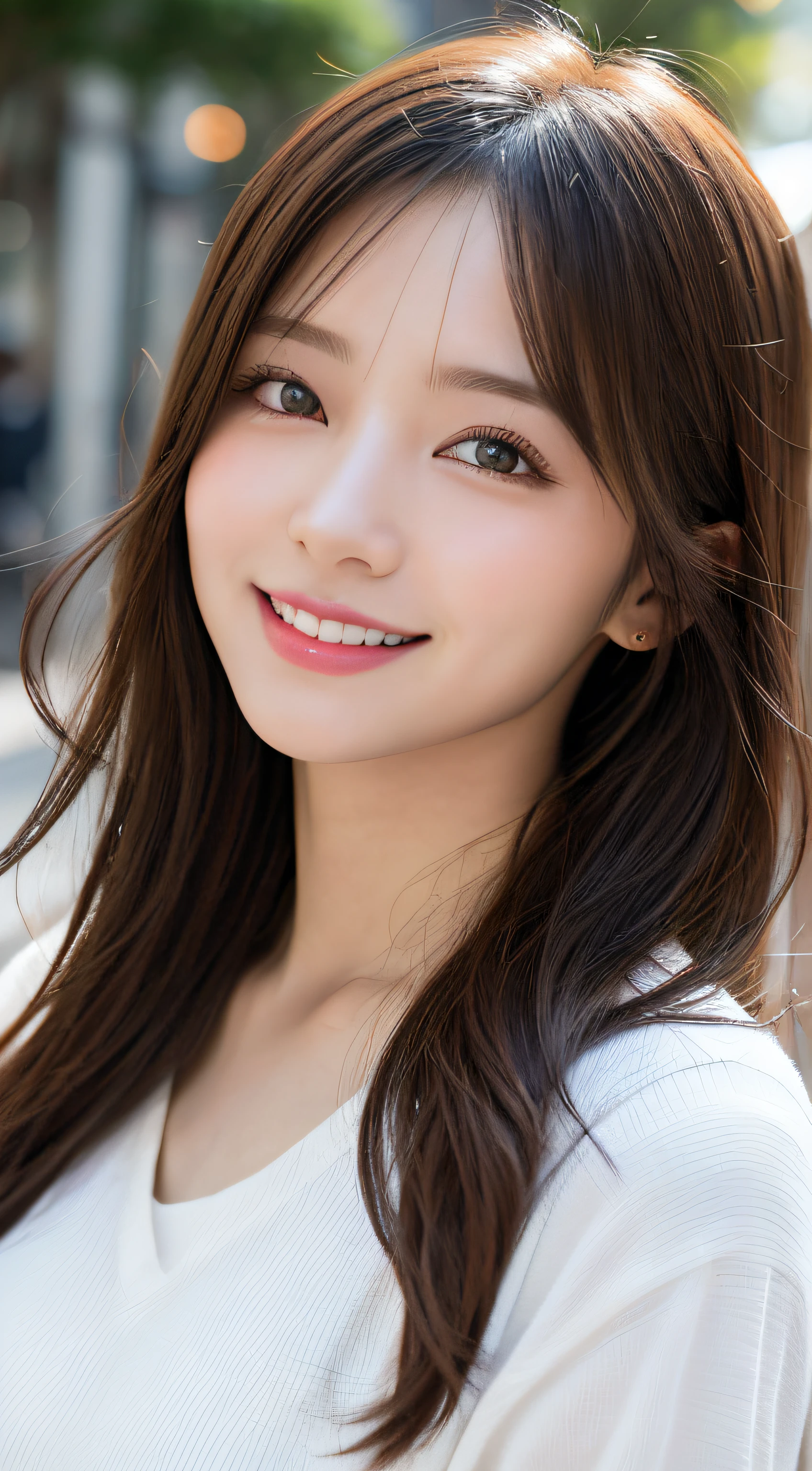 masutepiece, Best Quality, Illustration, Ultra-detailed, finely detail, hight resolution, 8K Wallpaper, Perfect dynamic composition, Beautiful detailed eyes, Women's Fashion Summer,Long Hair,Big Natural Color Lip, Bold sexy poses,Smile,Harajuku、20 years girl、Cute、Sexy shot looking at camera、up of face
