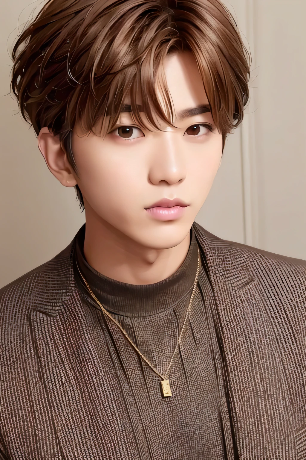 1 person、high quality,masterpiece,8K, (head shot),、sunburned skin、chain necklace、、、、(brown messy hairstyle)、、、、、