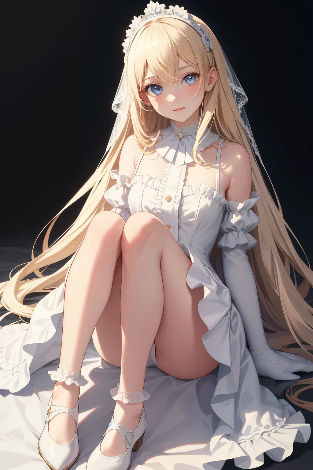 Masterpiece, one girl, solo, dressed in a frilly pink dress with white lace accents, Mary Jane shoes with black socks peeking out, delicately posed, ultra-realistic, shiny complexion, gentle smile, long blonde hair cascading over her shoulders, blue eyes sparkling with innocence, lively light and shadow, high-resolution image, pin-sharp focus, intricate details, expressive eyes with fine lines and realistic pupils.