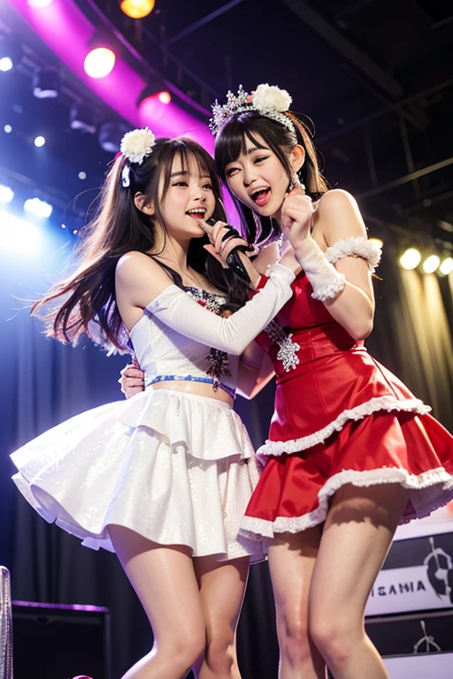 girls standing in bright outdoor stage,transparent white bikini with bottom-side-ruffles,hair-ribbon-bow,18-year-old,bangs,a little smile,thighs,crotch,knees,short cut hair,poneytail,from below