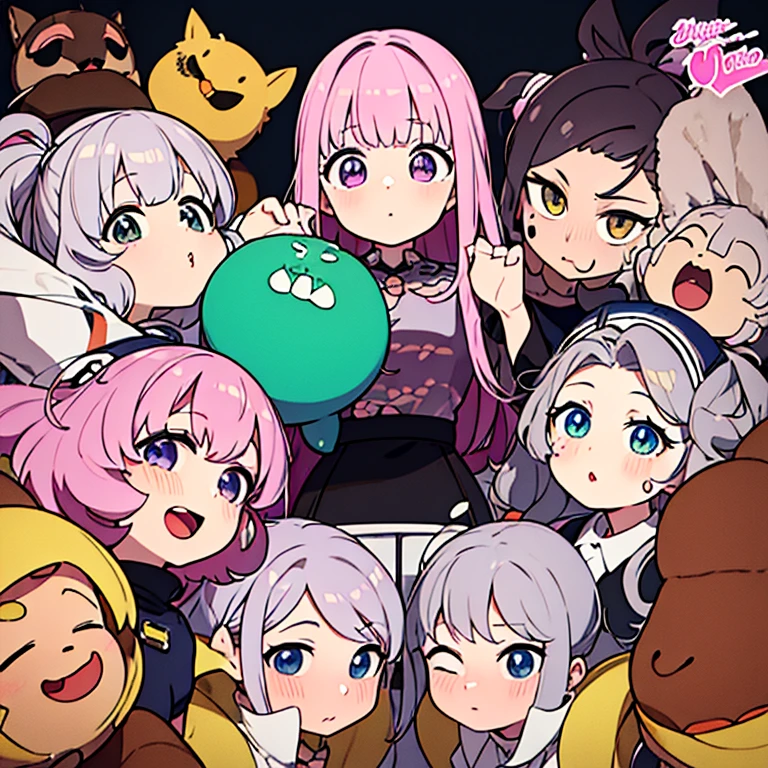 Personagem feminino,cabelo longo,cheio e ondulado de cor castanho escuro, seus olhos castanhos escuro, cor da pele parda, in anime version, de cores das veste branca, with pink and lilac details, em desenho flores, uma personagem feminina estilo anime e uma mestra de bombas Model sheet.