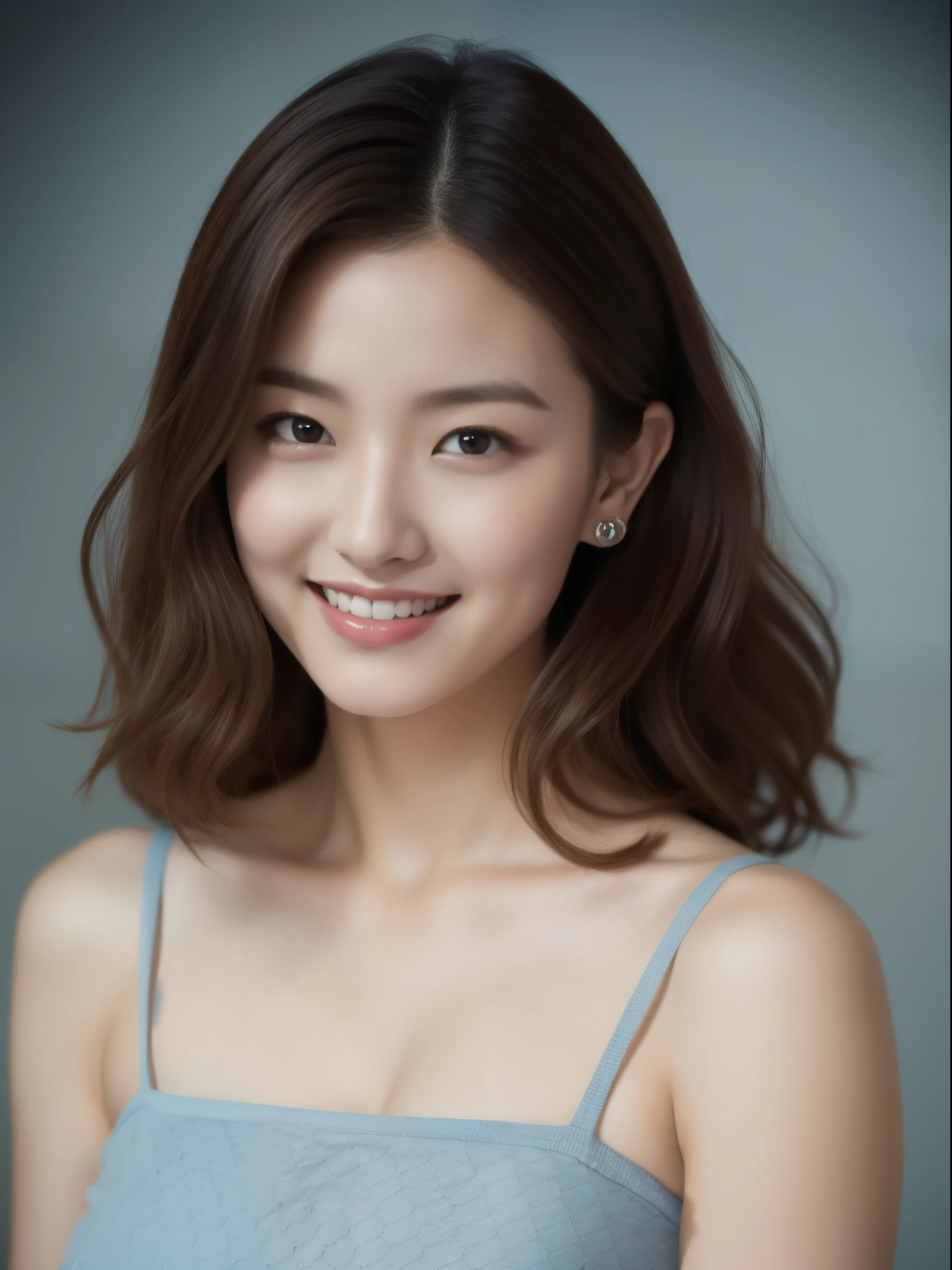 beautiful 25 year old woman。She is wearing a tight camisole of light blue-gray satin fabric。Black lace on chest and hem.。cute smile。her dark brown hair、、her hair is long and curly。she has one hand on her chest. High resolution、masterpiece、highest quality、Head w:1.4、((Hasselblad Photos))、fine skin、fine knit、(movie lighting)、clavicle