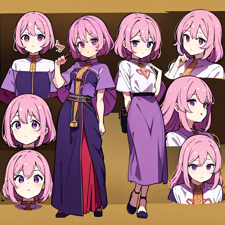 Personagem feminino,cabelo longo,cheio e ondulado de cor castanho escuro, seus olhos castanhos escuro, cor da pele parda, in anime version, de cores das veste branca, with pink and lilac details, em desenho flores, uma personagem feminina estilo anime e uma mestra de bombas Model sheet.