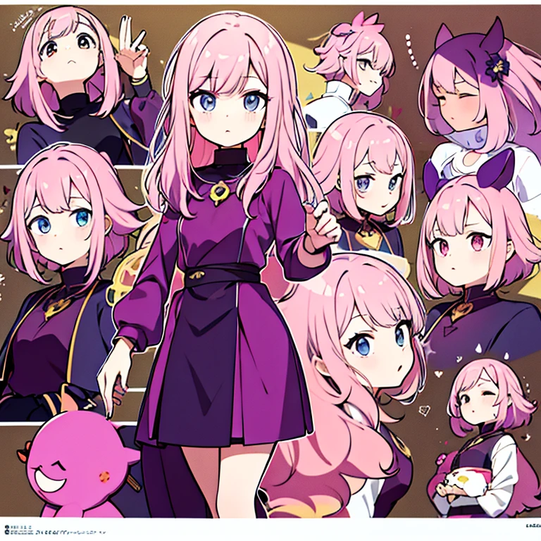 Personagem feminino,cabelo longo,cheio e ondulado de cor castanho escuro, seus olhos castanhos escuro, cor da pele parda, in anime version, de cores das veste branca, with pink and lilac details, em desenho flores, uma personagem feminina estilo anime e uma mestra de bombas Model sheet.