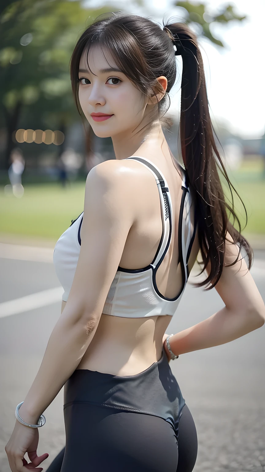 spreading her legs, holding her arms behind her herd, from front, perfect anatomy, black ponytail hair, black eyes, eyelashes, wearing the sports bra and the thin leggings, medium breasts