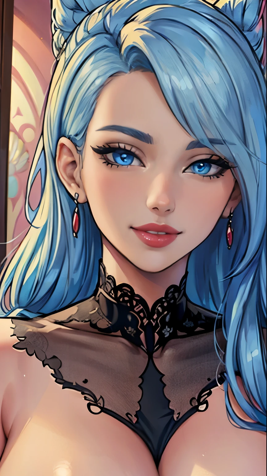 Masterpiece, raw, beautiful art, professional artist, 8k, art style by sciamano240, very detailed face, very detailed hair, 1 woman, perfectly drawn body, beautiful face, long hair, light blue hair , very detailed blue eyes , rosey cheeks, intricate details in eyes, playful smile, looking directly at viewer , lusty expression, lipstick, nude very close up on face,