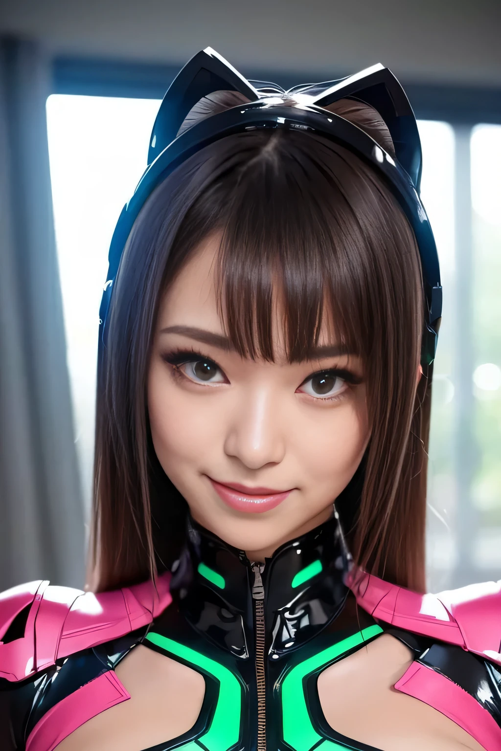 AI Generated, pixiv, erotic lips, enchanting eyes, droopy eyes, provocative expression, grin and laugh, enchantment, Fascinated, Excited, pamper, Lovely, toned female, glamorous perfect female proportion, glowing skin, Take-up, wide hips, Very shiny, reflected light, Excellent metal surface texture, cute, savings, anime face, Moe, Mantis Ninja Gal, villain'Daughter of, A voluminous bodysuit that combines a praying mantis and a ninja costume.., Helmet, Glossy shimmer, green and pink color scheme, The tip of the hand is shaped like a praying mantis' the scythe., Fusion of praying mantis and lady, Mantis reform ready, Mantis woman, Praying Mantis Green Exoskeleton Bio Insect Suit, Praying mantis green exoskeleton bio insect armor, mesh clothing,, highest quality, amazing quality, so beautiful, confused