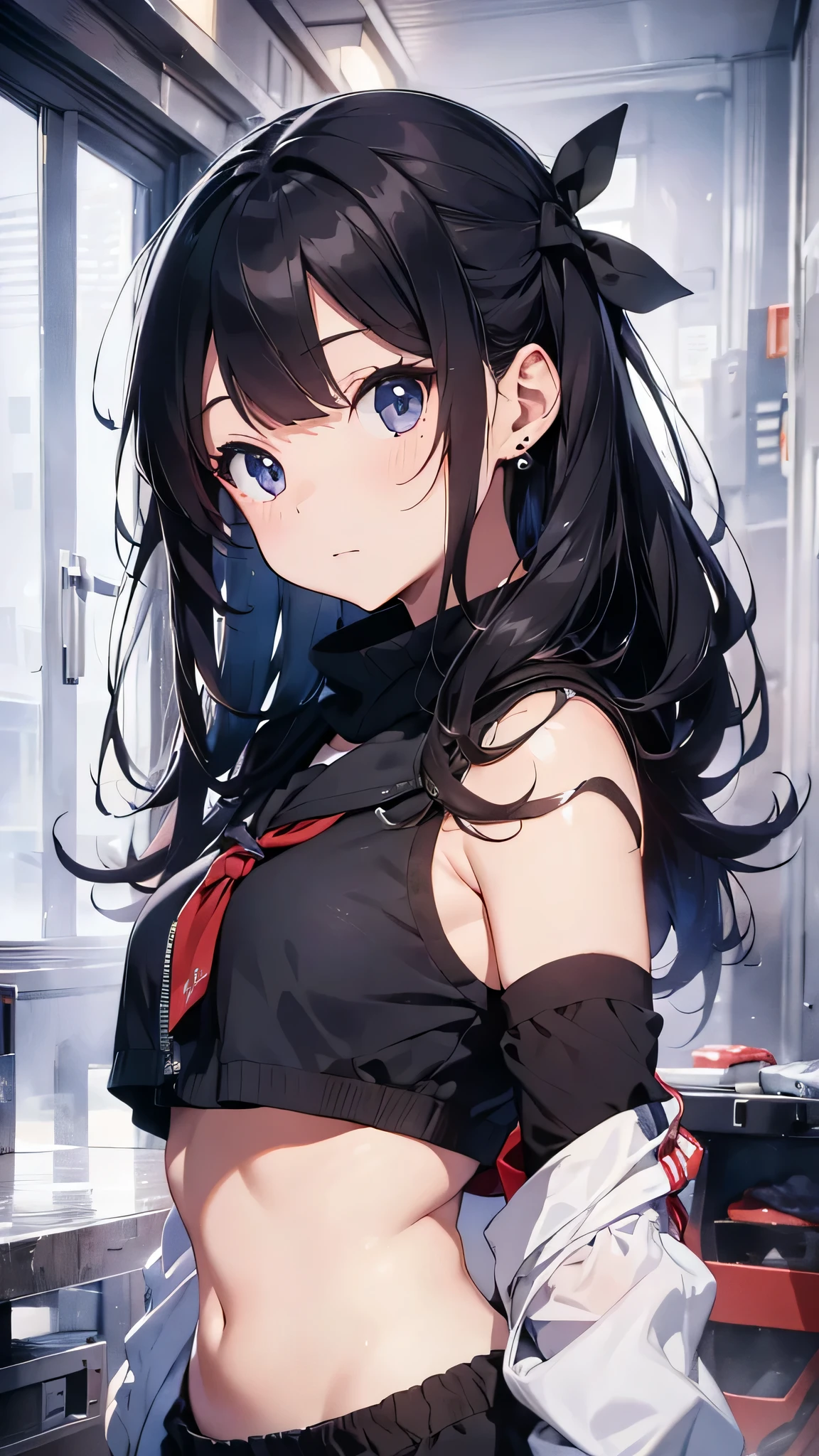 最high quality、best image quality、masterpiece、age girl((18-year-old、 By becoming、vest bust、medium bust,wide open breast tea、black eye, black hair、long hair、thin,highest valley、Perforated gloves、blue earrings、bandana、black stretch work clothes、There is a spanner、The whole body is coated with charcoal)),high quality、beautiful art、background((fighter jet、hangar)),debris flies、Depth of written boundary、movie、visual art、perfect art、8K,genuine