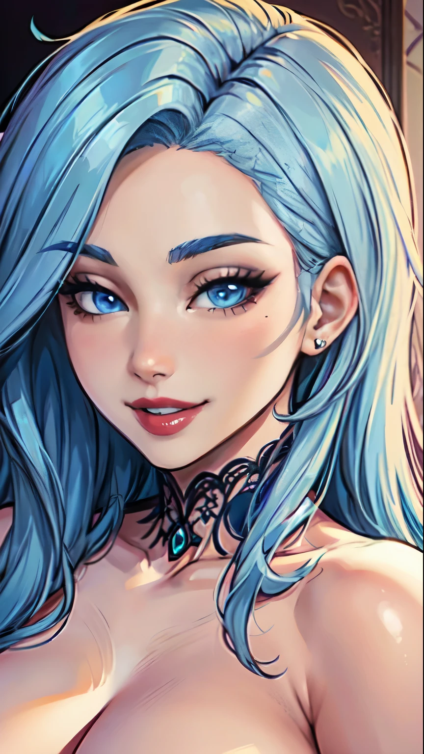 Nsfw,Masterpiece, raw, beautiful art, professional artist, 8k, art style by sciamano240, very detailed face, very detailed hair, 1 woman, perfectly drawn body, beautiful face, long hair, light blue hair , very detailed blue eyes , rosey cheeks, intricate details in eyes, playful smile, looking directly at viewer , lusty expression, lipstick, nude very close up on face,