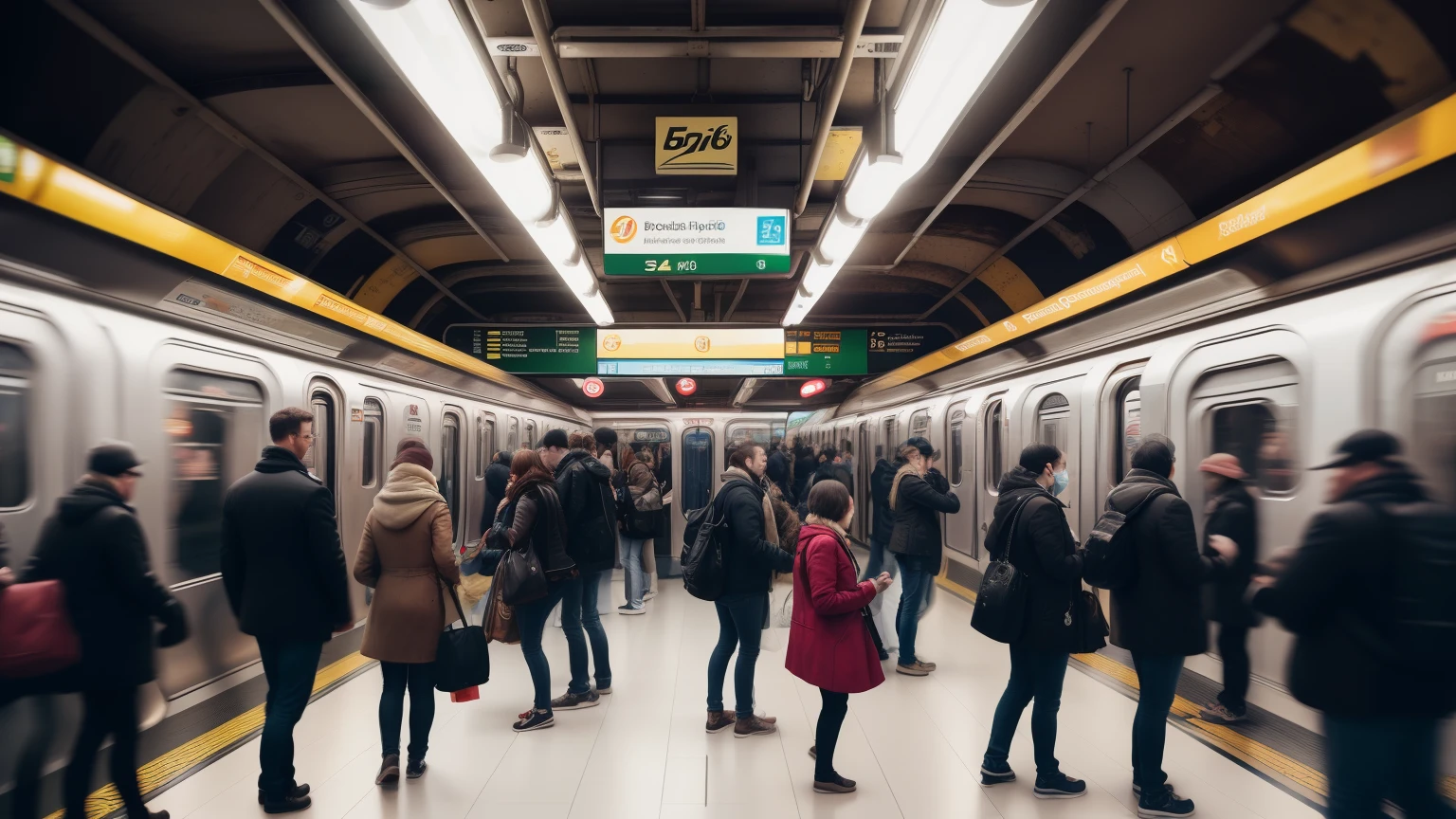 Photo of a bustling J subway station, (Full of people), (Realistic rendering), ((Detailed environment:1.5)), ((crowded space)), (((Waiting Area)), ((Platform)), ((Train Coming))), Reflectors, ((Warm colors)), ((Dynamic lighting)), ((Beautifully textured)), ((Best Quality Photo)), Photographed in a Canon EOS R5, 16-35mm Wide-Angle Lens, F/4, ISO 1600, (4K), (Street Photography), (Emotionally capturing the energy of the crowd)
