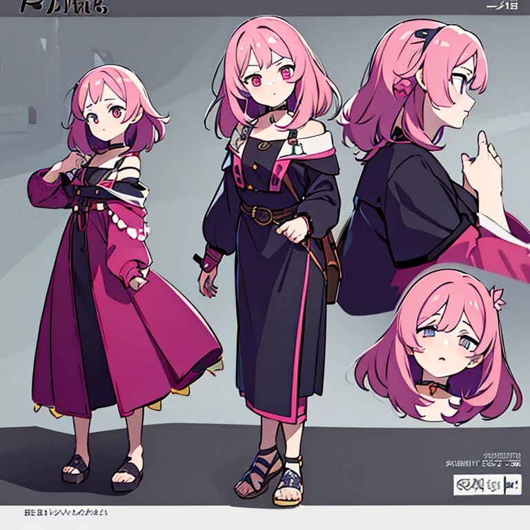 Personagem feminino,cabelo longo,cheio e ondulado de cor castanho escuro, seus olhos castanhos escuro, cor da pele parda, in anime version, de cores das veste branca, with pink and lilac details, em desenho flores, uma personagem feminina estilo anime e uma mestra de bombas Model sheet.