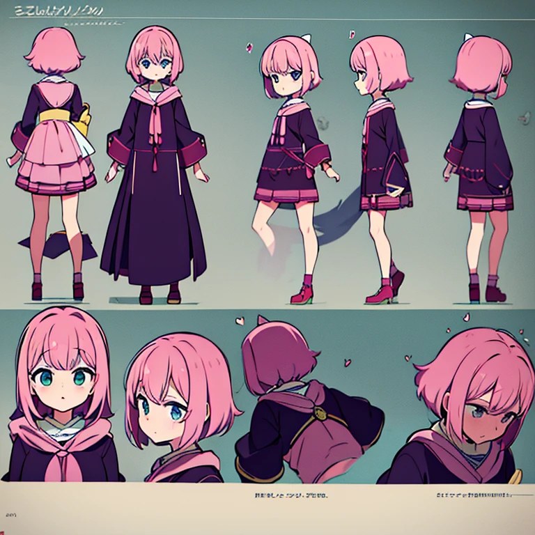 Personagem feminino,cabelo longo,cheio e ondulado de cor castanho escuro, seus olhos castanhos escuro, cor da pele parda, in anime version, de cores das veste branca, with pink and lilac details, em desenho flores, uma personagem feminina estilo anime e uma mestra de bombas Model sheet.