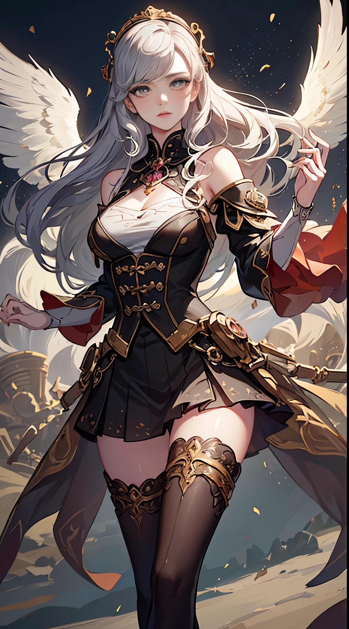 Wizard girl. (((Masterpiece, top quality, super detailed))), (((dramatic leap in overall accuracy, creating super detailed and realistic images))), (((highly detailed face))), (((The ultra-realistic photos are a fusion of the world's finest masterpieces))), female, 14 years old, very large slit precision pale gray very big eyes that shine like jewels, long eyelashes, thin nose, small mouth, thin pink lips, natural make-up, pink blush. The beautiful Tomb Raider half-length figure is presented in striking contrast, enhancing the visual impact. It exudes a realistic yet dreamlike quality, immersing the viewer in a mesmerizing visual experience. (((Masterpiece, top quality, super detailed))), (((dramatic leap in overall accuracy, creating super detailed and realistic images))), (((highly detailed face))), (((The ultra-realistic photos are a fusion of the world's finest masterpieces))), female, 14 years old, very large slit precision pale gray eyes that shine like jewels, long eyelashes, thin nose, small mouth, thin pink lips, natural make-up, pink blush. The beautiful Tomb Raider half-length figure is presented in striking contrast, enhancing the visual impact. It exudes a realistic yet dreamlike quality, immersing the viewer in a mesmerizing visual experience. (((masterpiece, best quality, raw photo, photorealistic, depth of field, ultra detailed, detailed face, very precise eyes))), Dynamic Action Pose, Invoke Magic, Mechanical Magic Weapons, very slender long legs, lace stockings on the knee, steampunk headgear, fluttering lace flared mini skirt, off-shoulder fashion with a fusion of detailed and intricate steampunk and detailed gothic lolita, upward and beautiful small breasts, Clean long silver hair, long vertical curly hair, wind driven, futuristic complex steampunk factory background, infinite dark universe, flying celestial bodies, countless celestial neon lights raining down from the heavens, cinematic lighting decoration.