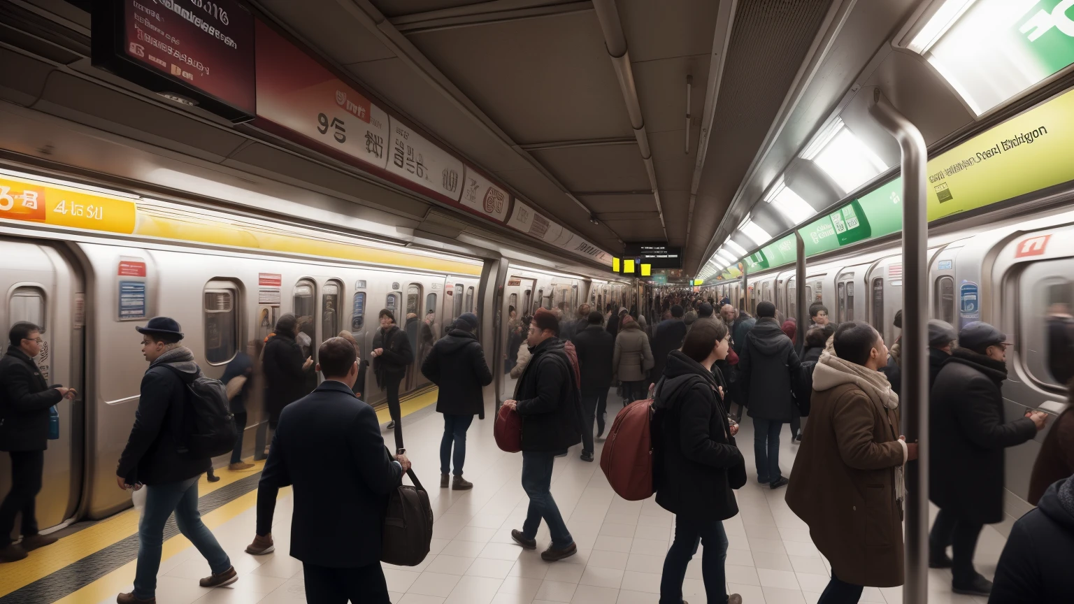 Photo of a bustling J subway station, (Full of people), (Realistic rendering), ((Detailed environment:1.5)), ((crowded space)), (((Waiting Area)), ((Platform)), ((Train Coming))), Reflectors, ((Warm colors)), ((Dynamic lighting)), ((Beautifully textured)), ((Best Quality Photo)), Photographed in a Canon EOS R5, 16-35mm Wide-Angle Lens, F/4, ISO 1600, (4K), (Street Photography), (Emotionally capturing the energy of the crowd)