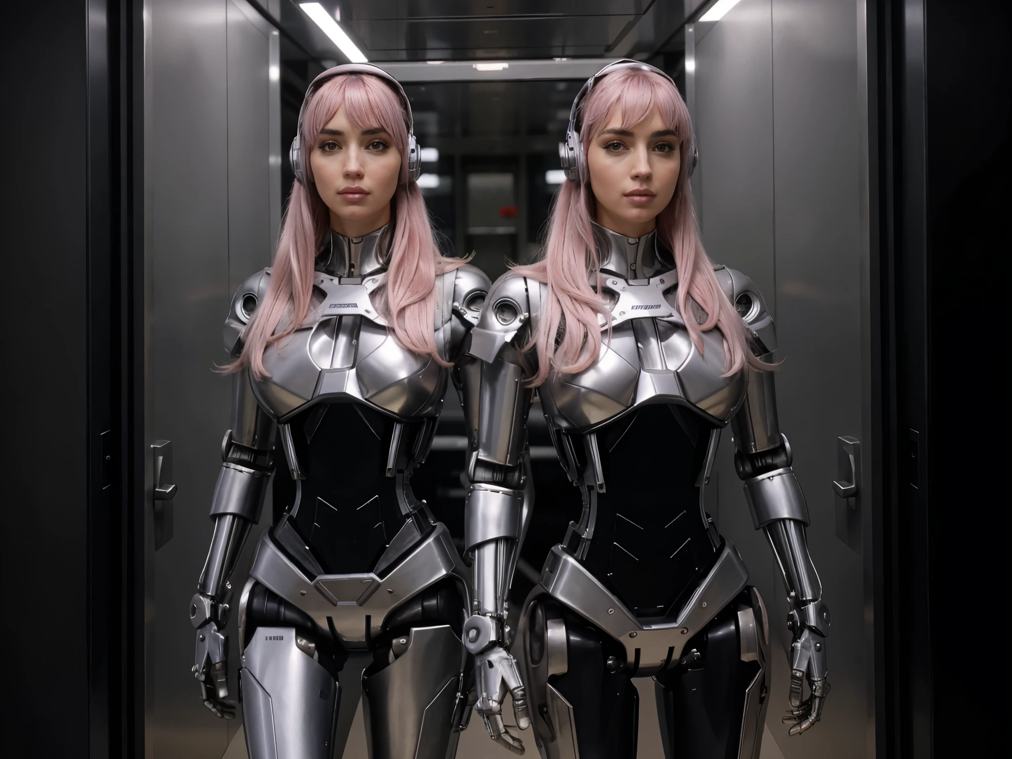 ana de armas as your cosplayer girlfriend, using a robot suit, larger breasts, ana de armas, silver suit, crhome shinny skin, mechanical joints, medium straight hair, pink pastel hair, blunt bangs , parted lips , mecha musume, futuristic headset, stand up, await comands position, condo corridor, window on the left side, elevator door on background, thicc body, small height