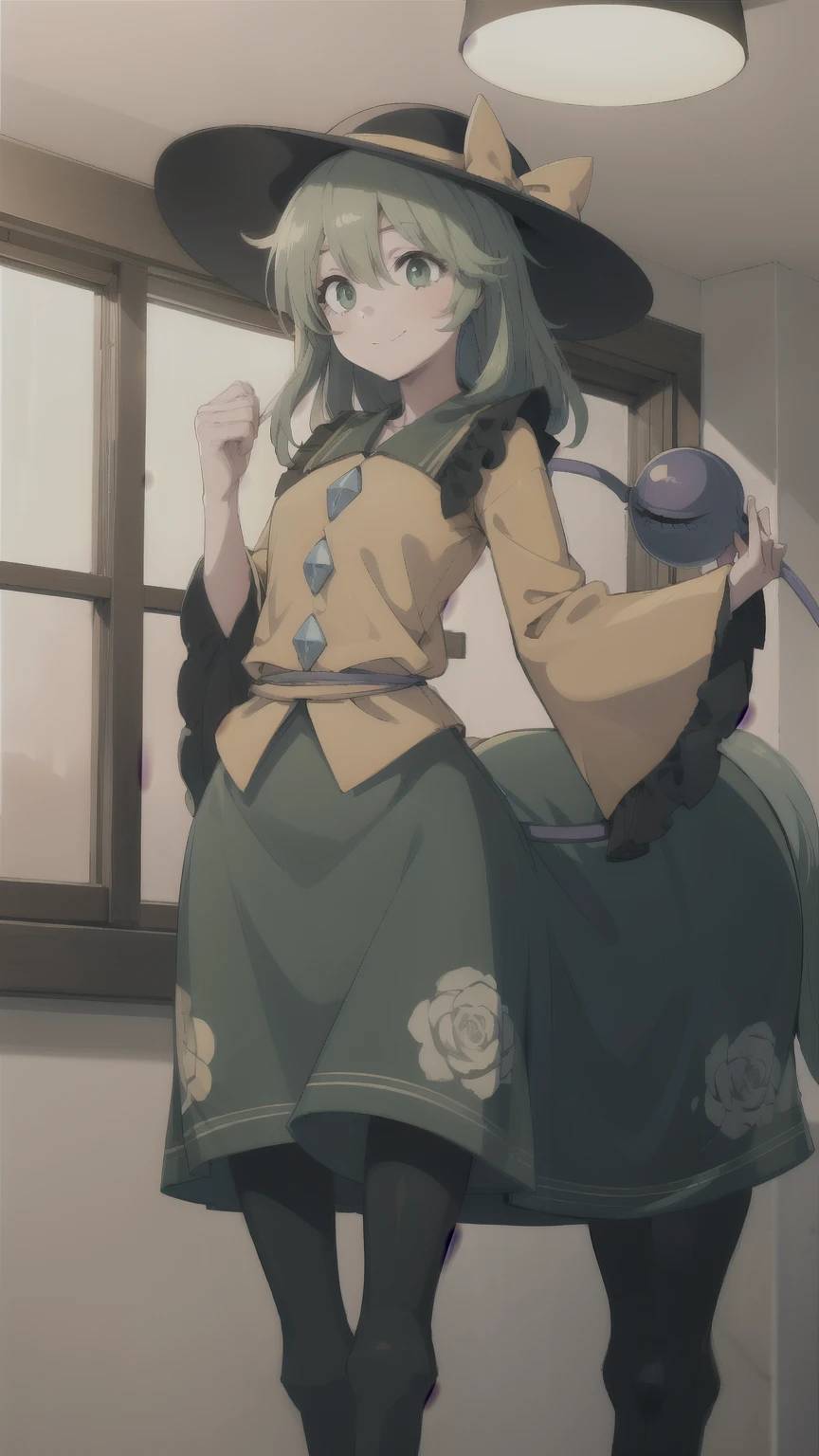 (masterpiece, best quality:1.2), solo, 1girl,(komeiji_koishi_touhou:0.35), komeiji koishi, 1girl, hat,hat bow,green hair,green eyes,yellow shirt,green skirt,long sleeves, wide sleeves, floral print, third eye,eyeball,smile, centaurcpt, (centaur), taur, horse ears, hooves,indoors