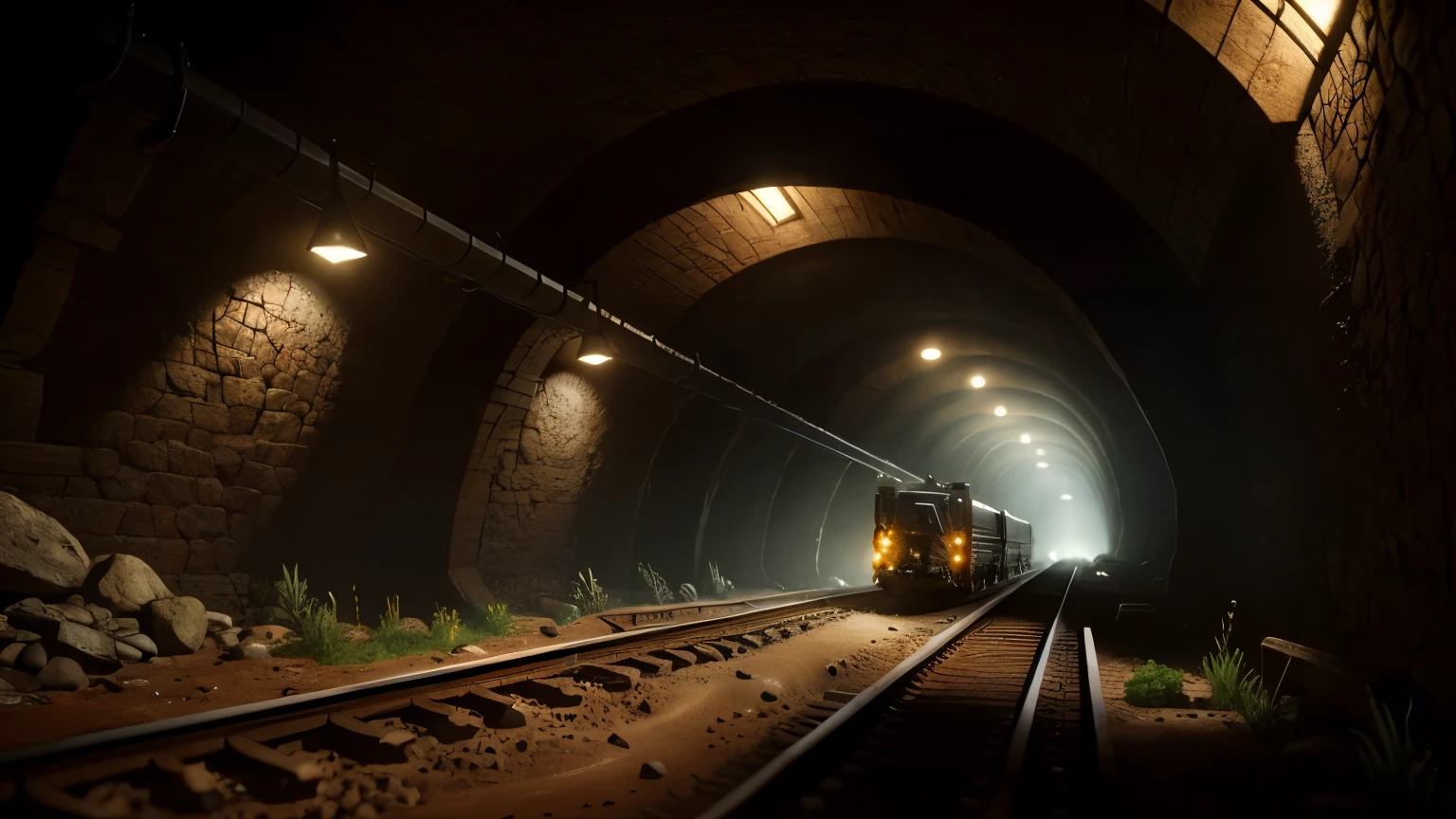 A realistic tunnel excavation site, meticulously rendered in earthy textures and tones, moody and atmospheric, chiaroscuro lighting casting long shadows, industrial and gritty, intricately detailed machinery and tools, cinematic perspective with a sense of depth and focus, high-definition rendering, realistic foliage and rock formations, detailed water flow effects, stunning color palette, hyper-realistic, ultra-detailed, and immersive.