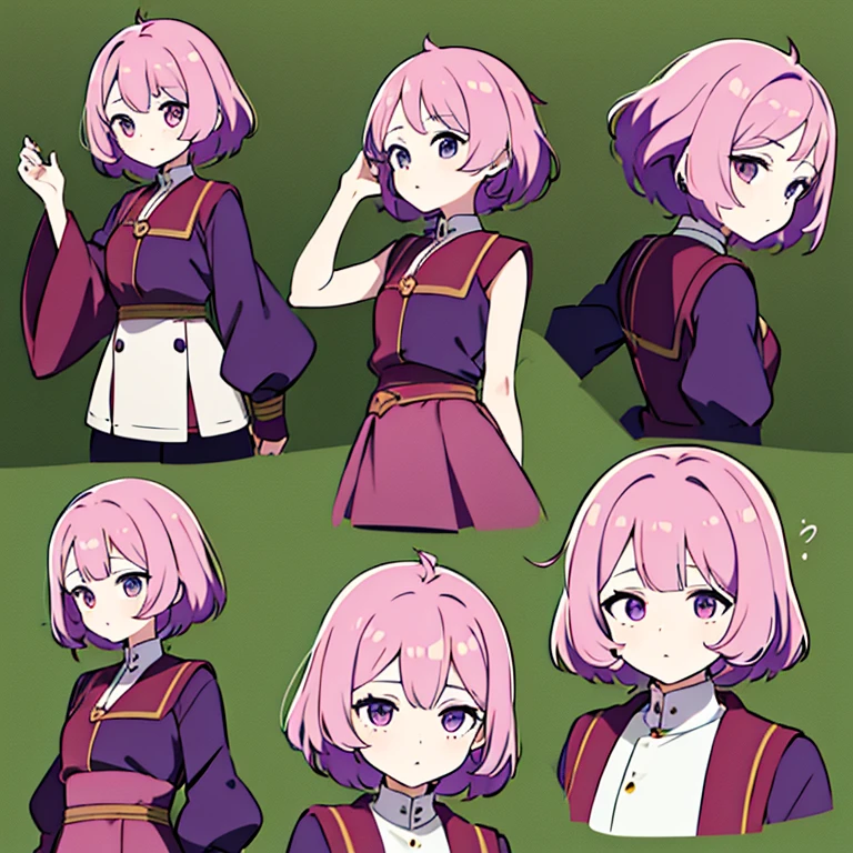 Personagem feminino,cabelo longo,cheio e ondulado de cor castanho escuro, seus olhos castanhos escuro, cor da pele parda, in anime version, de cores das veste branca, with pink and lilac details, em desenho flores, uma personagem feminina estilo anime e uma mestra de bombas Model sheet.