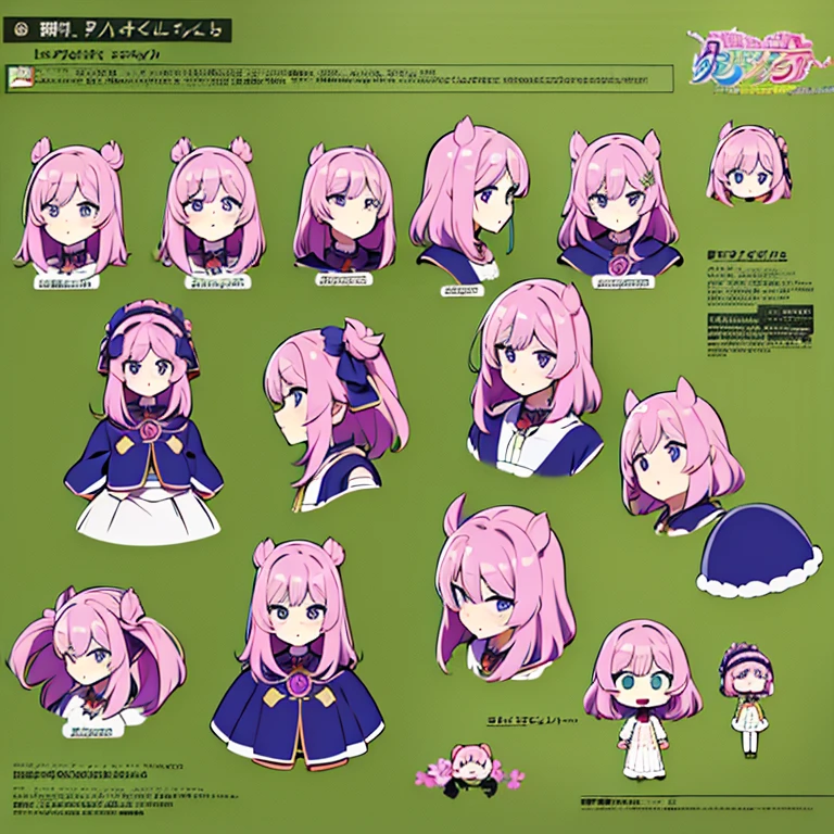 Personagem feminino,cabelo longo,cheio e ondulado de cor castanho escuro, seus olhos castanhos escuro, cor da pele parda, in anime version, de cores das veste branca, with pink and lilac details, em desenho flores, uma personagem feminina estilo anime e uma mestra de bombas Model sheet.