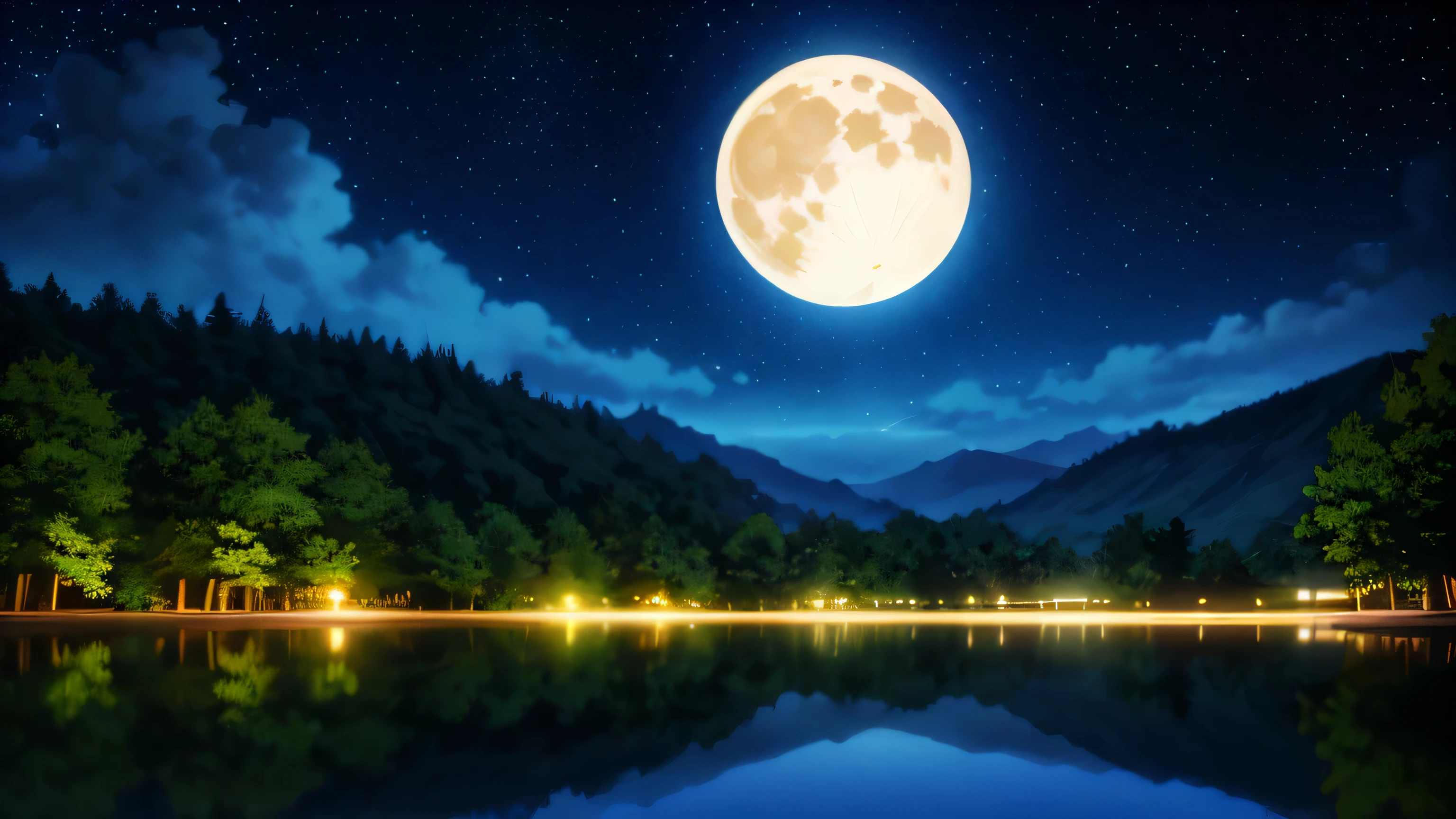 anime style, starry sky, night, bright moon, mountain and trees, lake, countryside japanese style, HD