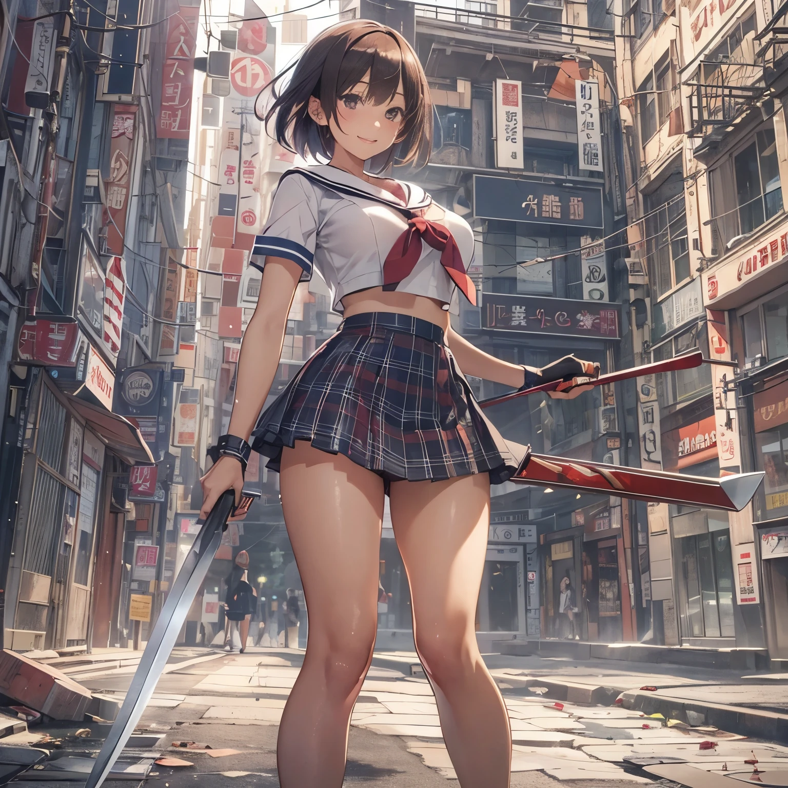 masutepiece, High quality, Cinematic lighting, Front Camera Angle, Ruined metropolis, High school girl holding Japan sword handle in right hand, Beautiful Girl, Unbeatable smile, Good Style, Short hair, cleavage , Short sailor suit, Tartan mini skirt, Dynamic Pose,