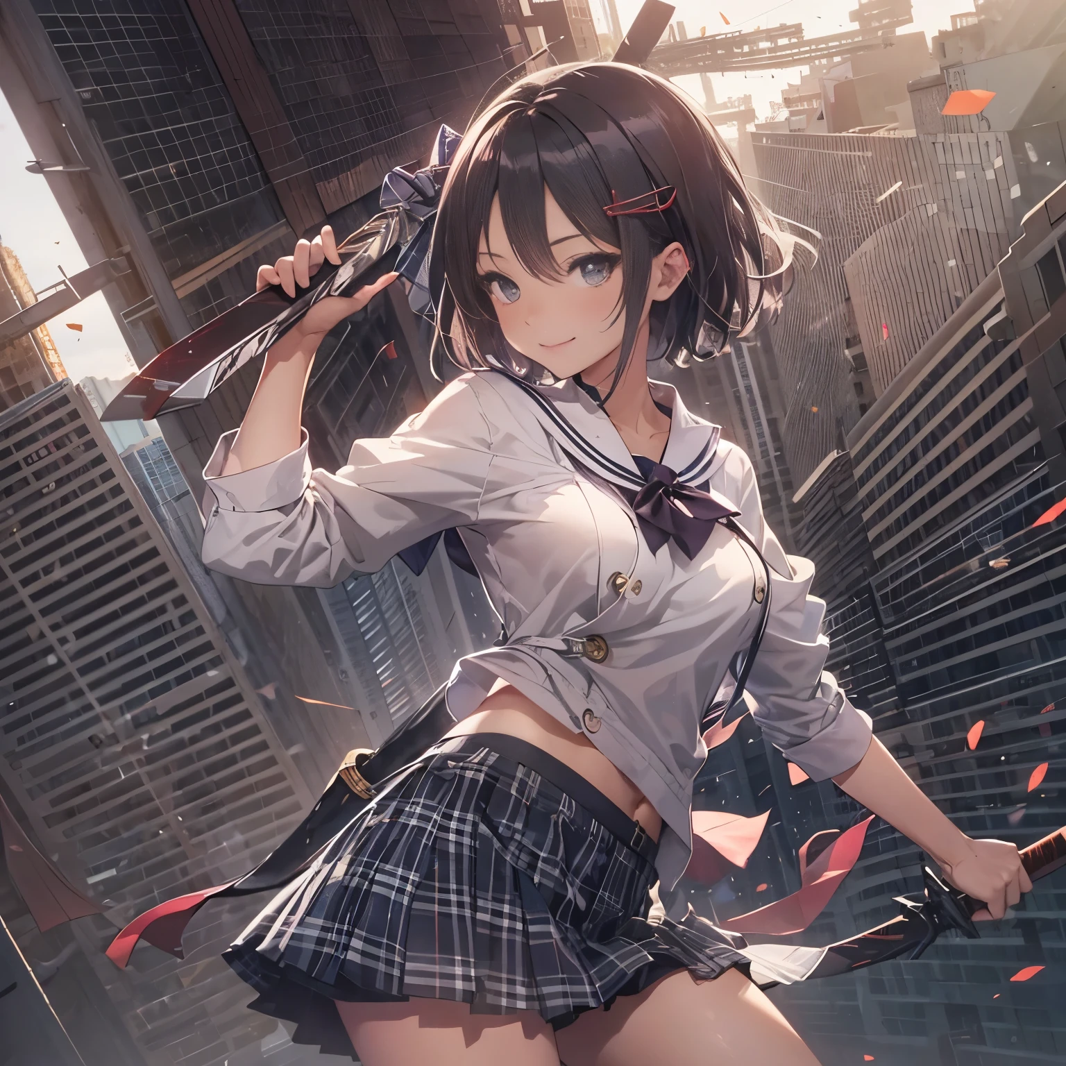 masutepiece, High quality, Cinematic lighting, Front Camera Angle, Ruined metropolis, High school girl holding Japan sword handle in right hand, Beautiful Girl, Unbeatable smile, Good Style, Short hair, cleavage , Short sailor suit, Tartan mini skirt, Dynamic Pose,