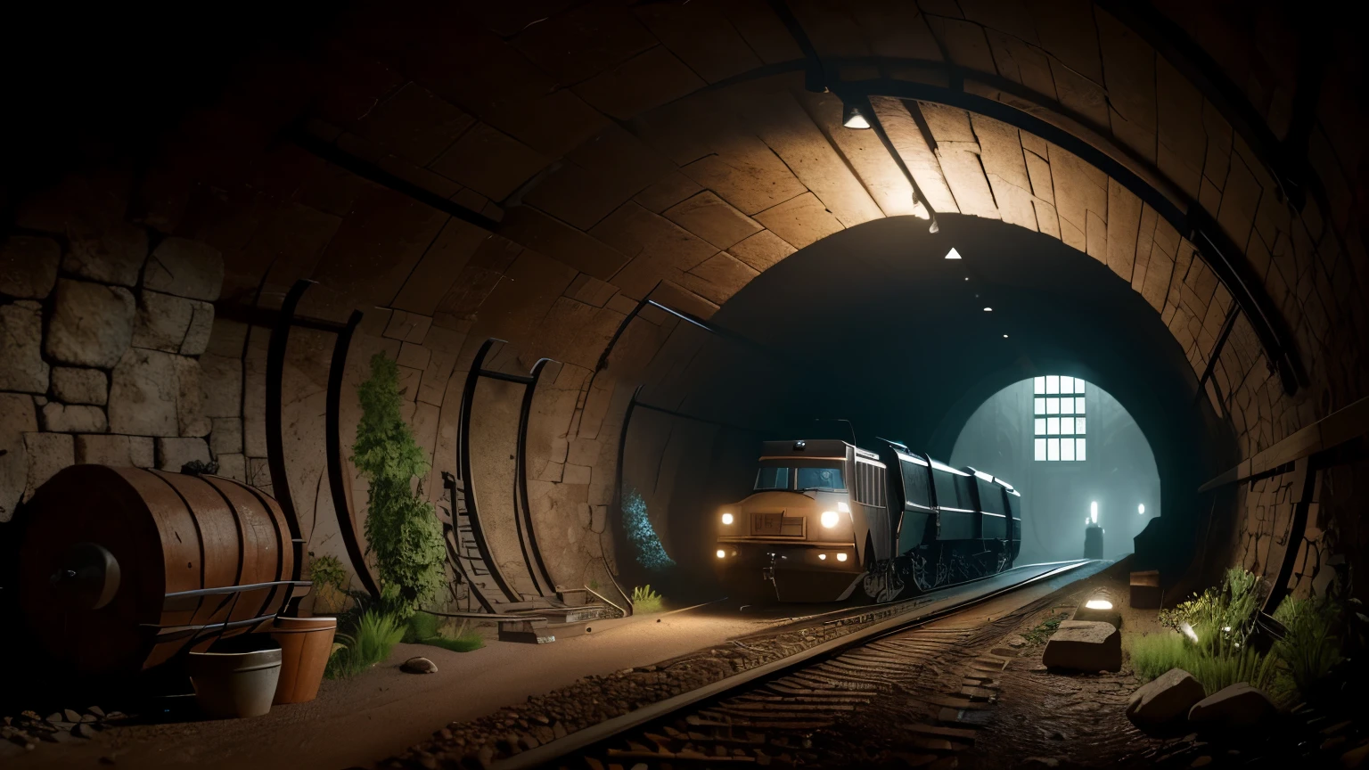 A realistic tunnel excavation site, meticulously rendered in earthy textures and tones, moody and atmospheric, chiaroscuro lighting casting long shadows, industrial and gritty, intricately detailed machinery and tools, cinematic perspective with a sense of depth and focus, high-definition rendering, realistic foliage and rock formations, detailed water flow effects, stunning color palette, hyper-realistic, ultra-detailed, and immersive.