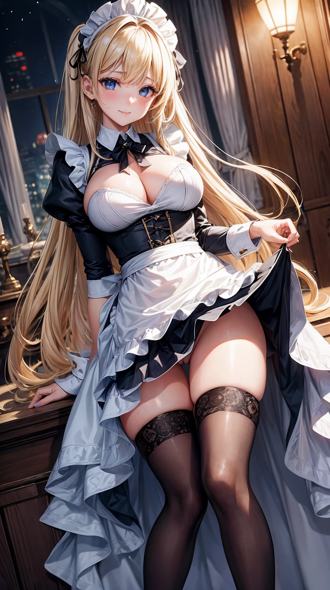 ((highest quality、High resolution、8K、masterpiece:1.3))、dynamic angle、wallpaper、1 girl、unparalleled beauty、ultimate beauty、super detailed face、delicate eyes、smile shyly、sexy look、Depth of bounds written、light particles、side light、long hair、((blonde、maid、maid服))、(Lifting the skirt with both hands)、((Her skirt is flipped up and her pussy is exposed.、She shyly lifts up her skirt and shows her pussy.))、(Love juice dripping from the pussy)、(I'm tempting、Inviting to have sex)、perfect body、beautiful breasts、big breasts、cleavage、Thighhighs、thighs、slim、slender、Old castle at night