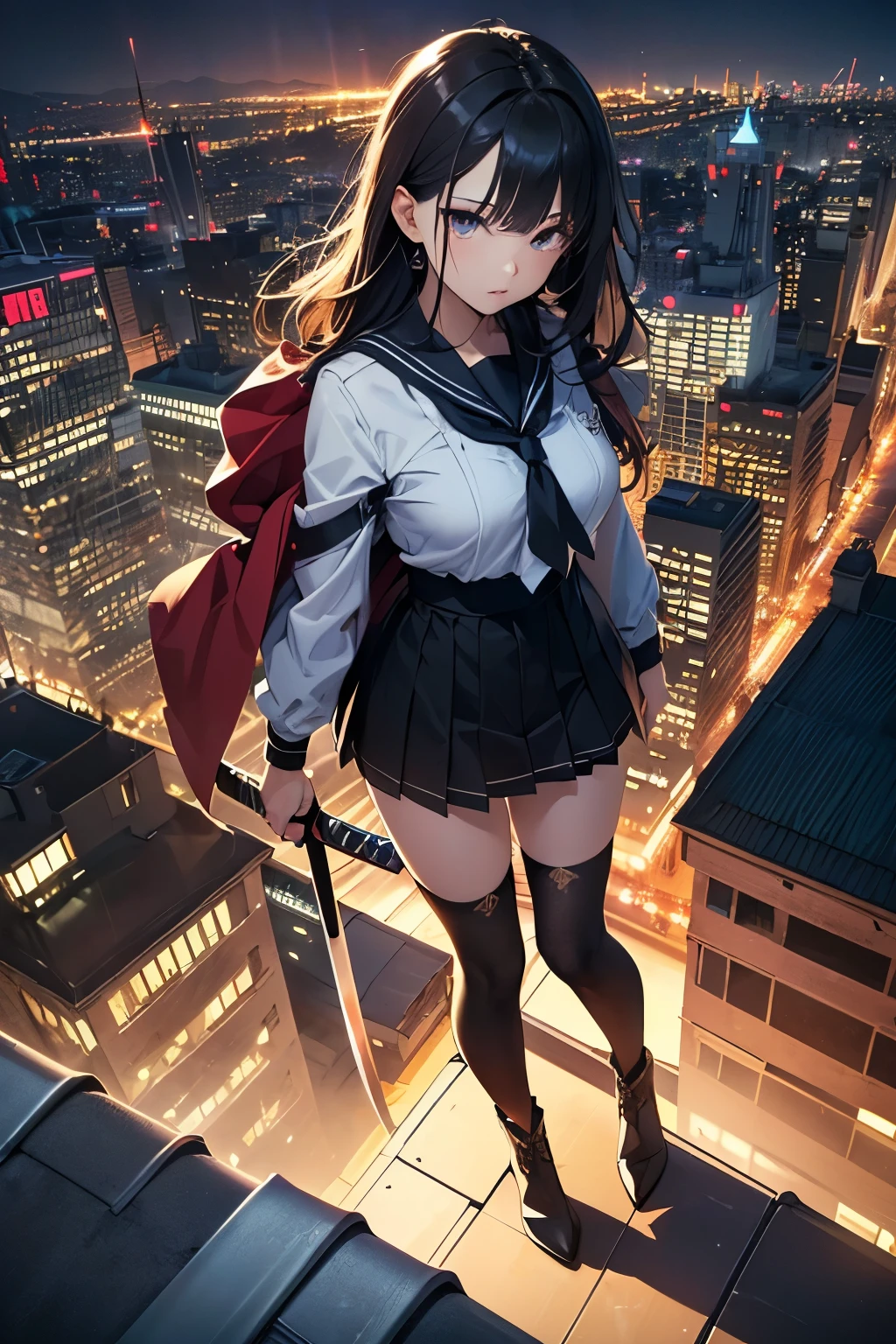 (Official art、Best Quality、Unity 8k Wallpapers、32K、masterpiece、ultra-detailliert、超A high resolution、realisitic、Photorealsitic:1.2)、(Cinematic lighting:1.2)、Fireglow effect、film grains、Best Shadows、Rim lighting、side lights、sideshot、(Ultra-detailed and complex 3D rendering)、Detailed beautiful face and eyes、Sharp pupils、Realistic pupils、A slender、1 Woman、Medium bust、(Full body:1.2)、 Highly detailed background、beauitful face、16-year-old beautiful girl、(super detailed skin、detailed skin textures:1.3)、Black hair、Blunt bangs、Brown-eyed、a sailor suit、pleatedskirt、Black stockings、(thighs thighs thighs thighs:0.8)、Black boots、(City at night、On the roof of a building:1.4)、(Carrying a big katana on your back:1.3)、(Looking away、overlooking a city:1.3)、plushies