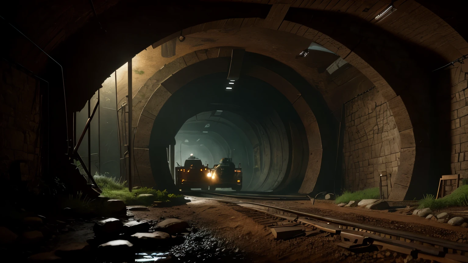 A realistic tunnel excavation site, meticulously rendered in earthy textures and tones, moody and atmospheric, chiaroscuro lighting casting long shadows, industrial and gritty, intricately detailed machinery and tools, cinematic perspective with a sense of depth and focus, high-definition rendering, realistic foliage and rock formations, detailed water flow effects, stunning color palette, hyper-realistic, ultra-detailed, and immersive.