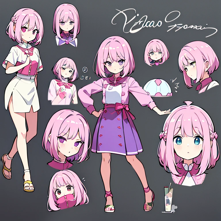 Personagem feminino,cabelo longo,cheio e ondulado de cor castanho escuro, seus olhos castanhos escuro, cor da pele parda, in anime version, de cores das veste branca, with pink and lilac details, em desenho flores, uma personagem feminina estilo anime e uma mestra de bombas Model sheet.