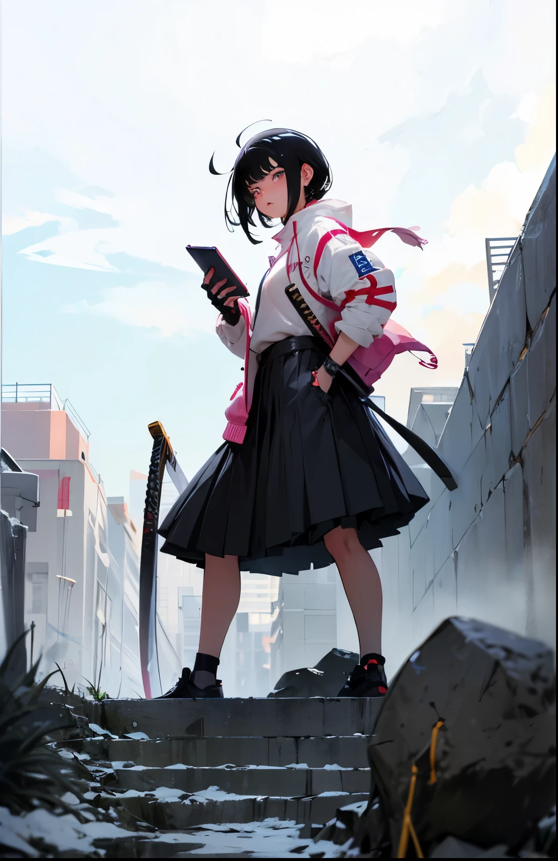 arafed woman in a skirt holding a sword and a cell phone, long black hair, anime girl cosplay, anime cosplay, dramatic wielding katana pose, she is holding a katana sword, female action anime girl, unsheathing her katana, anime girl in real life, cosplay photo, wearing japanese techwear, the anime girl is crouching, katana