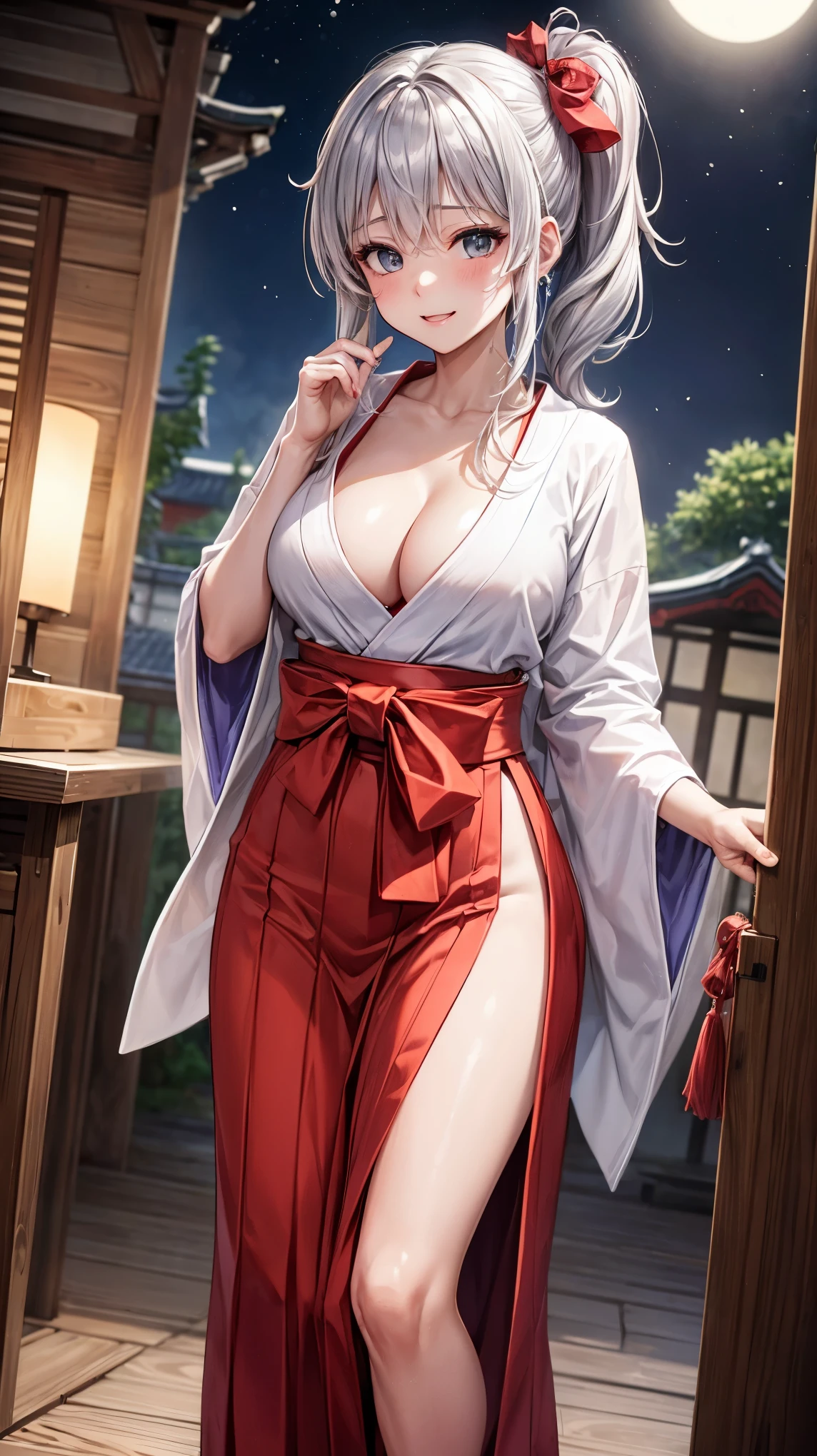 ((highest quality、High resolution、8K、masterpiece:1.3))、dynamic angle、wallpaper、1 girl、unparalleled beauty、ultimate beauty、super detailed face、delicate eyes、smile shyly、sexy look、Depth of bounds written、light particles、side light、ponytail、((silver hair、shrine maiden、shrine maiden服、shrine maiden装束、white kimono、red hakama))、(Lifting the skirt with both hands)、((Her hakama turns over and her pussy is exposed.、She shyly pulls up her hakama and shows her pussy.))、(Love juice dripping from the pussy)、(I'm tempting、Inviting to have sex)、perfect body、beautiful breasts、big breasts、cleavage、thighs、slim、slender、Old castle at night