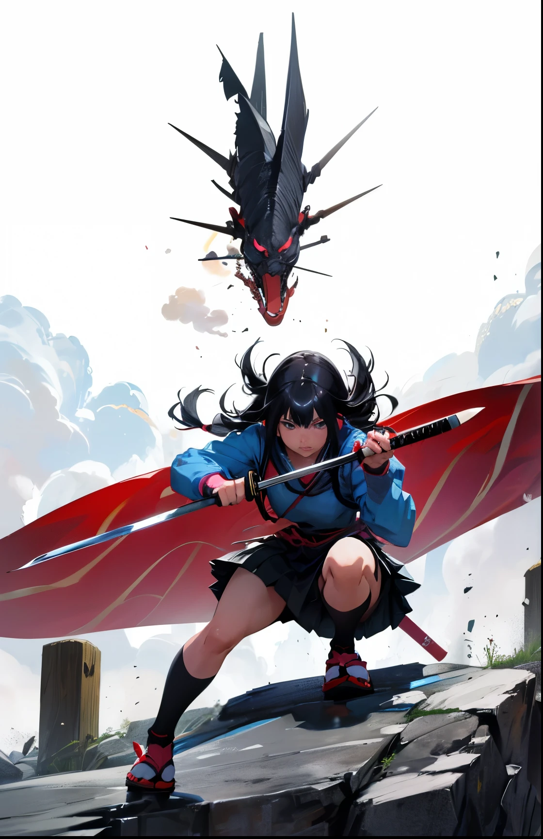 arafed woman in a skirt holding a sword and a cell phone, long black hair, anime girl cosplay, anime cosplay, dramatic wielding katana pose, she is holding a katana sword, female action anime girl, unsheathing her katana, anime girl in real life, cosplay photo, wearing japanese techwear, the anime girl is crouching, katana