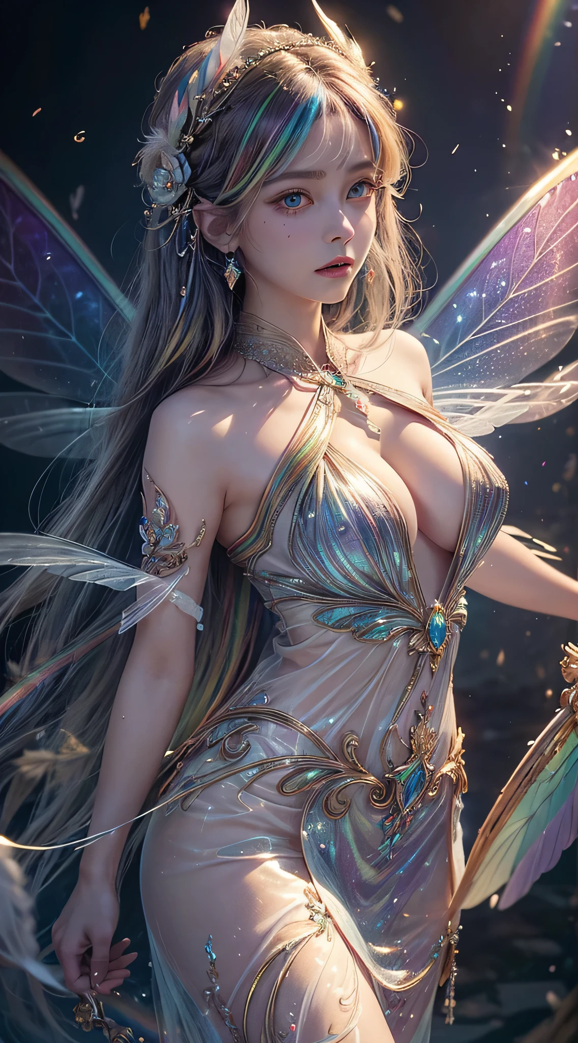 (Masterpiece), (Top Quality), ((Ultra Detail)), (High Resolution), (Very Detailed CG Illustration), ((Very Delicate and Beautiful)), (Sharp Focus), Cinematic Light , amazing fantasy art, mythical fantasy, dreams, ((rainbow)), fairy tales, mystical and magical powers, 1girl, beautiful face, (transparent beautiful rainbow wings), light blue eyes, huge breasts, thin waist, Big butt, dragonfly wings, silk, stunning embroidery, costumes with subtle rainbow details, (((translucent rainbow feathers))), dreamy colors, dynamic lighting, colorful magic birds, jewel-colored butterflies that give off a magical aura, the latest trends in fantasy art, professional lighting that creates depth and mood,