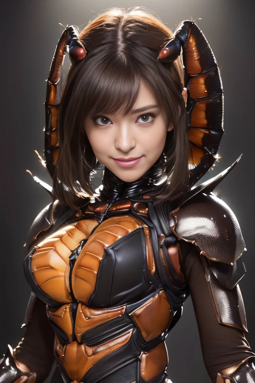 (High resolution,masterpiece,highest quality,Very detailed CG, anime, official art:1.4), realistic, photograph, amazing detail, all complicated, luster and luster,great many layers, 8k wallpaper, 3D, sketch, cute, figure,( alone:1.4), perfect female proportions,villain&#39;s daughter, (Fusion of dark brown cockroach and lady:1.4), (brown cockroach form lady:1.2), (brown cockroach woman:1.2), (Fusion:1.2), (alone:1.4), (evil smile:1.2), muscular, abs, (Cockroach brown exoskeleton bio insect suit:1.4), (Cockroach brown exoskeleton bio insect armor:1.2), (brown transparent cockroach feathers:1.4), (brown cockroach antenna:1.3),