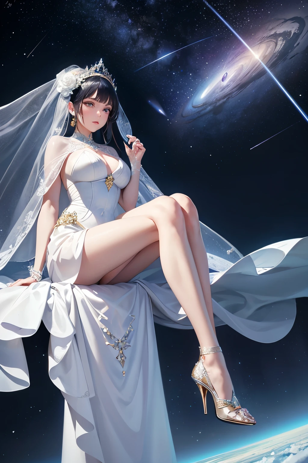 Modern and stylish, the wedding scene unfolds in the realistic backdrop of outer space. The bride, elegant and beautiful, stands under the soft, blue glow of the moon, her white gown contrasting against the inky black backdrop. Her long veil trails behind her, catching the starlight as she looks up, her realistic, expressive eyes filled with wonder. In the background, a meteor shoots across the sky, its bright trajectory adding a fun and mysterious element to the scene. The realistic and intricate details of her wedding attire, from her sparkling jewels to her intricately designed heels, are captured in the highest resolution, making for a top-quality, masterpiece image.