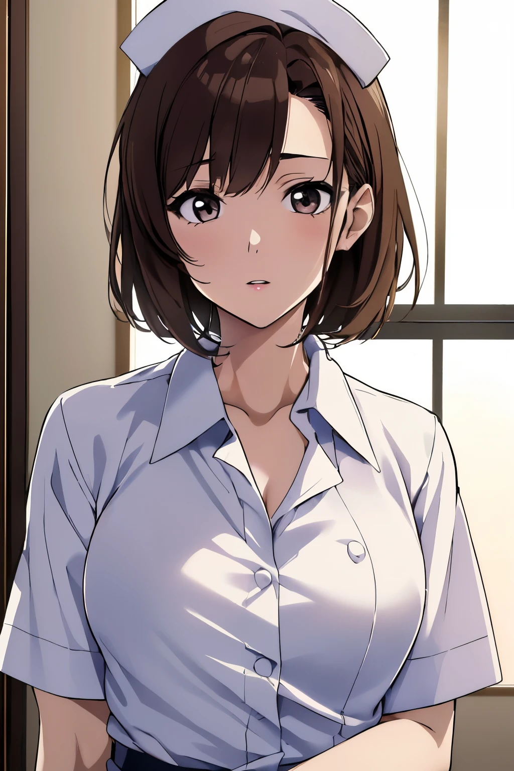 (Best quality, 8k, 32k, Masterpiece, UHD:1.2),Photo of Pretty Japanese woman, 1girl, (medium-short dark brown hair), (large breasts), double eyelid, White nurse uniform, small white nurse (cap), white shirt, open shirt, hospital, patient's room, upper body, sexy