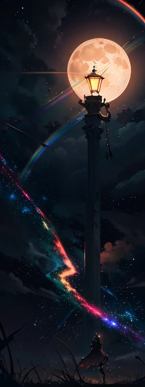 vast landscape photos , (view from above，Below is the steppe，Facing the open sky), a girl standing on flower field looking up, (full moon:1.2), ( meteor:0.9), (nebula:1.3), distant mountains, The art of breaking trees, (Warm light source:1.2), (firefly:1.2), lamp, lots of purples and oranges, intricate details, Volumetric lighting, A breakthrough in realism (masterpiece:1.2), (best quality), 4K, super detailed, (dynamic composition:1.4), Very detailed, Colorful details,( rainbow colors:1.2), (Luminous lighting, mood lighting), excellent, magic, (alone:1.2）